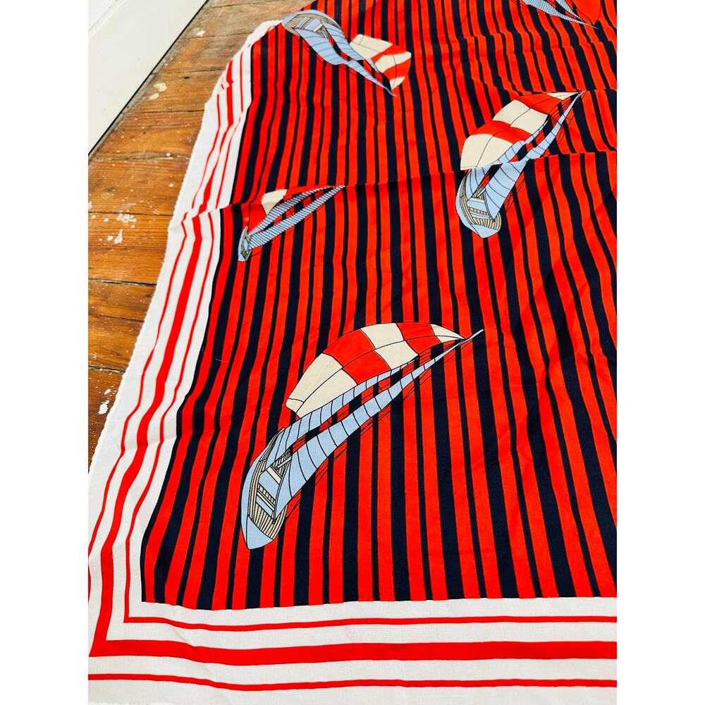 Vintage 70/80s Red White Black Horizontal Striped Sailboats Design Scarf - Picture 2 of 5